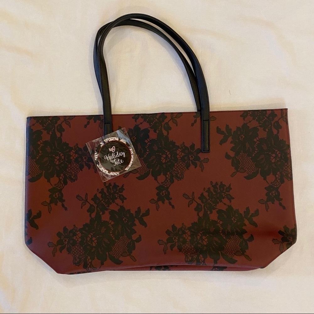 NWT~Large Burgundy Black Floral Tote Bag 21x12”